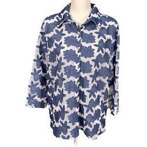 Alfred Dunner Petite XL Blue Bayou Floral Mesh Overlay Button-Up Shirt Top NWT